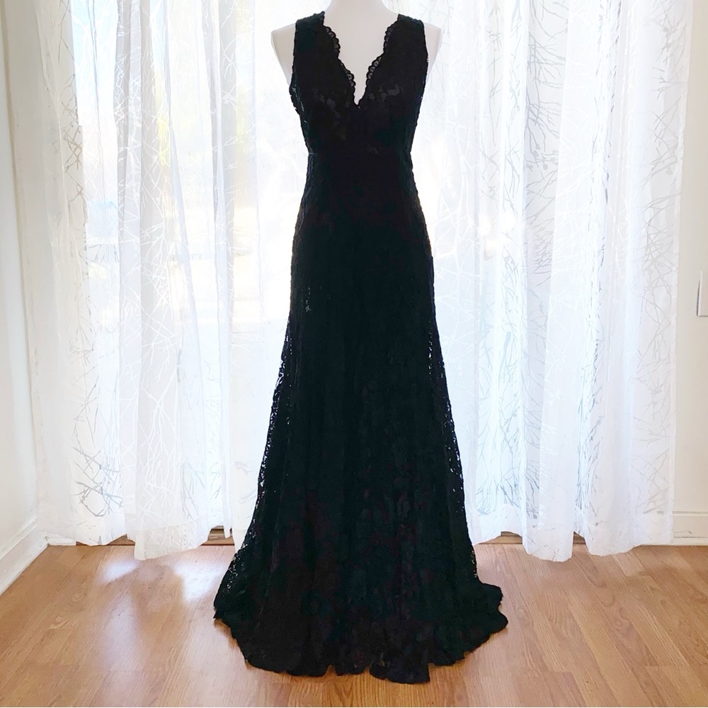 REFORMATION FRANCESCA BLACK LACE SLEEVELESS V-NECK SHEER BACK WRAP MAXI DRESS